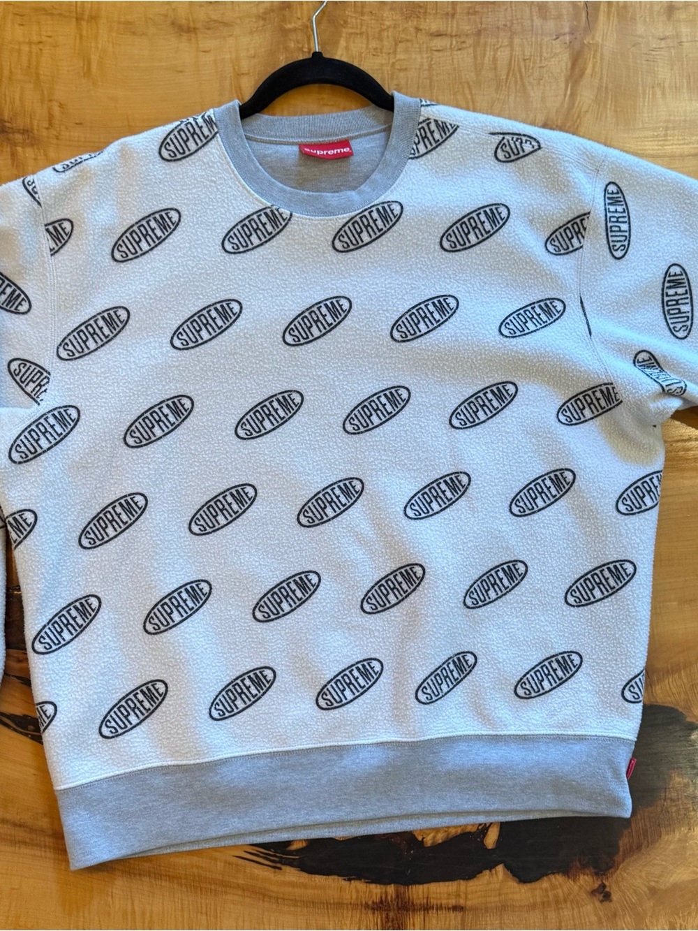 Supreme Light Gray Crewneck with Black All-Over Logo